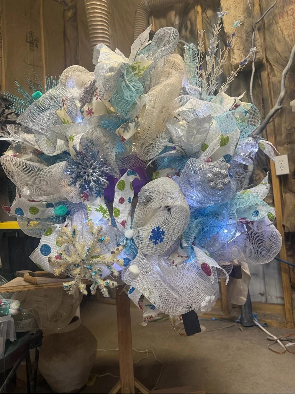 White & Teal Holiday Mesh Wreath with Snowflake Accents